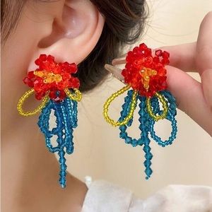 Floral Beaded Dangle Drop Earrings